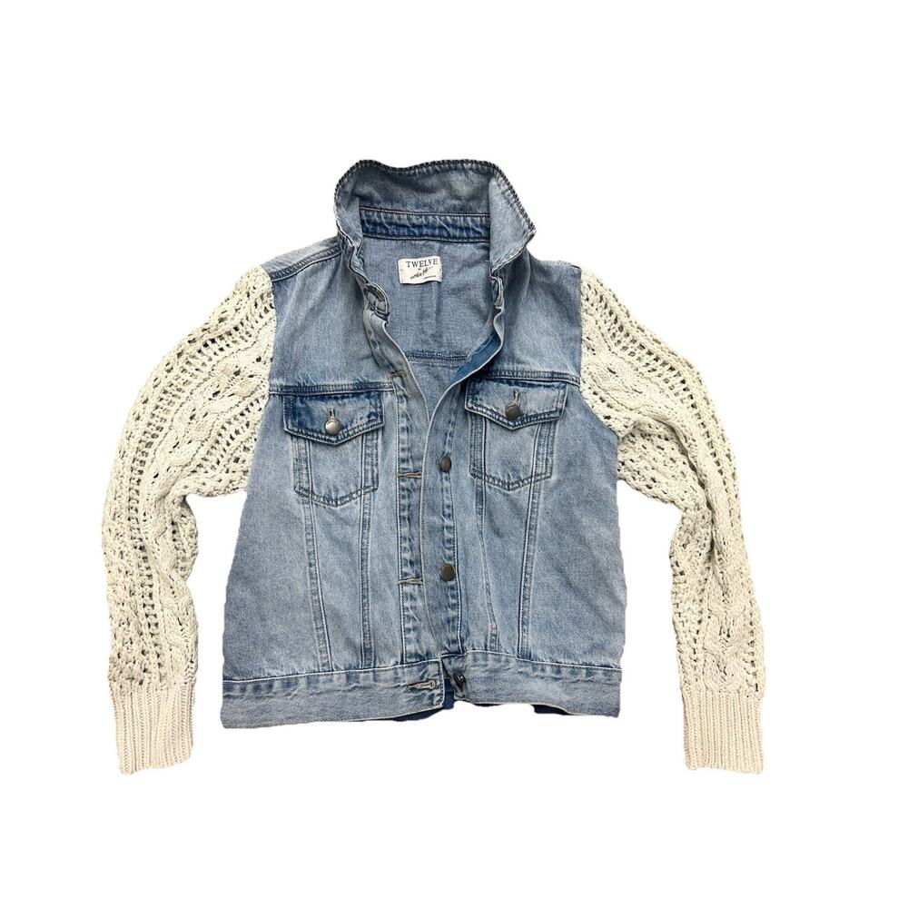 Twelve by Twelve Denim Jacket Crochet Sleeve Women Medium Light Wash Jean Knit